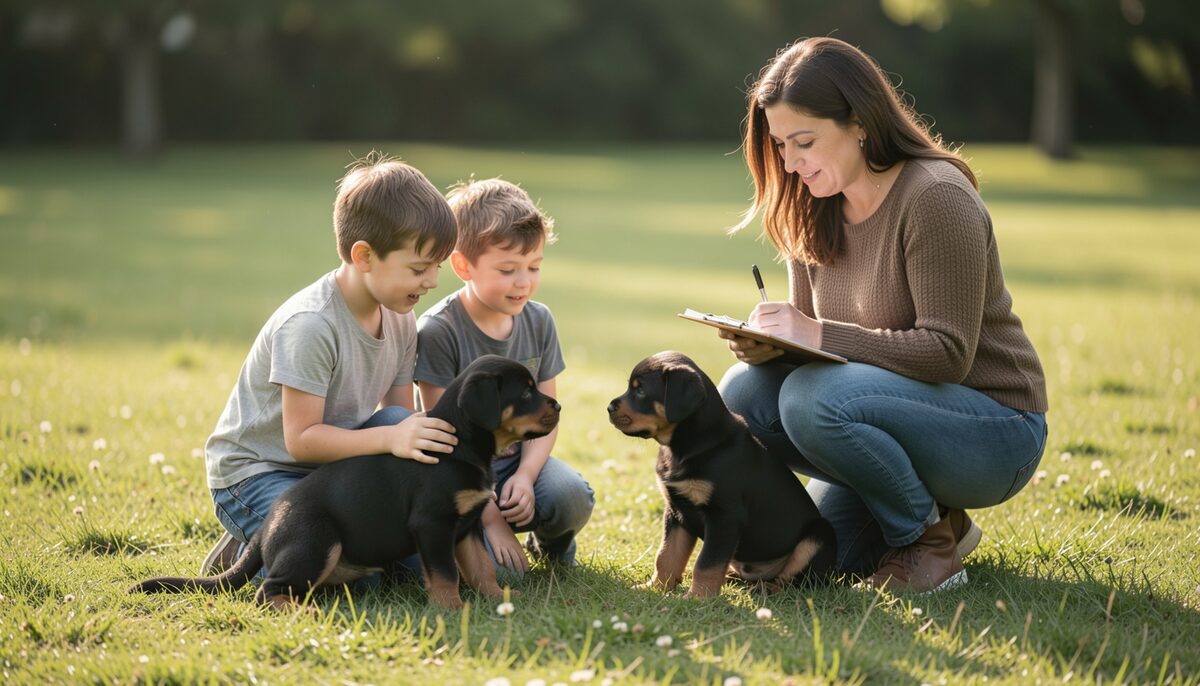 A family kneeling in the grass meeting two Rottweiler puppies while the breeder watches and takes notes.