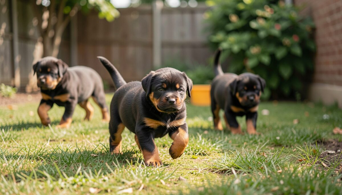 Several Rottweiler puppies exploring a yard at different speeds, one bold at the front, one watching from behind.