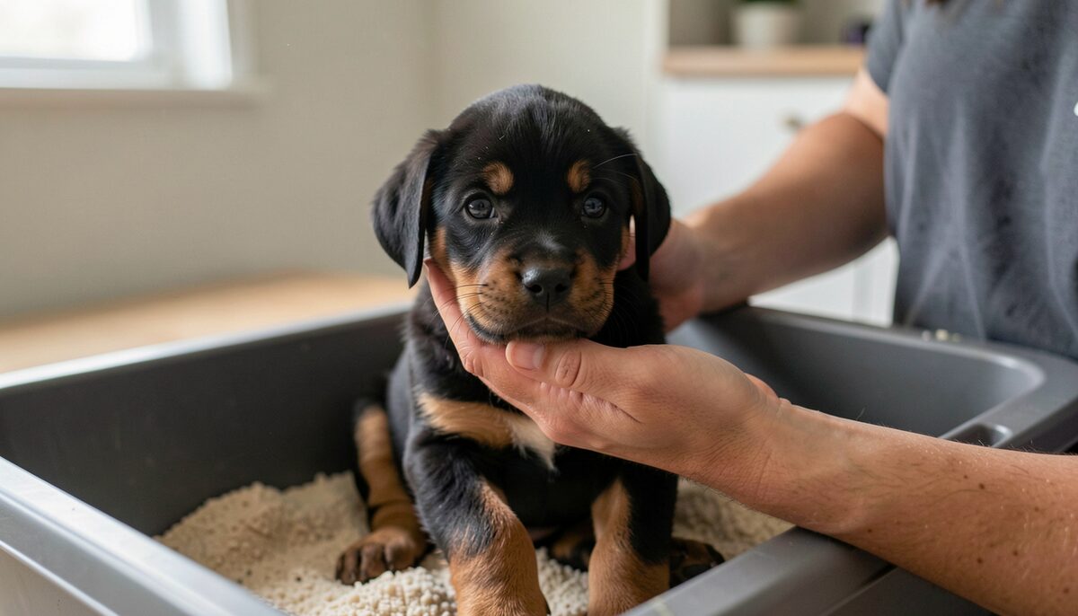 A breeder's hands holding a three-week-old Rottweiler puppy, eyes just open, over a whelping box.