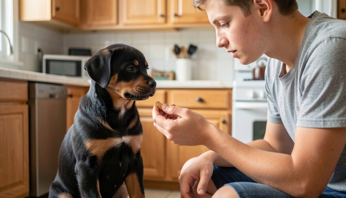A four-month-old Rottweiler puppy sitting attentively beside a teenager in a kitchen, both looking at a hand holding a treat.
