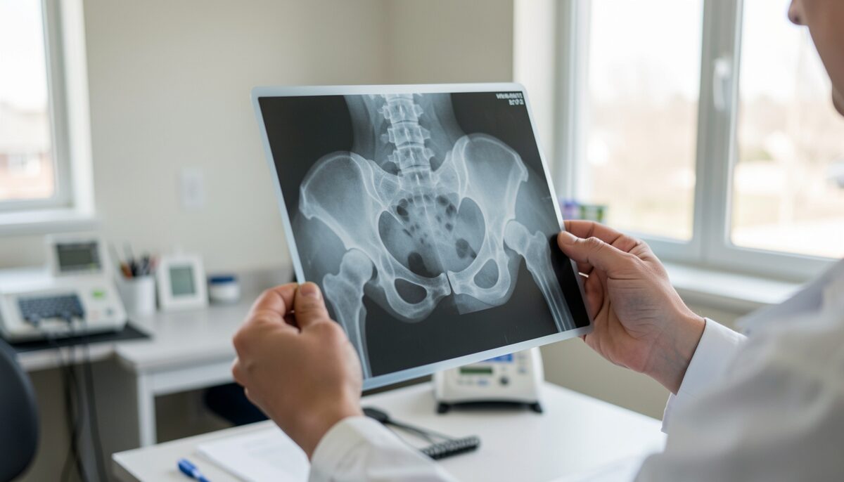 A veterinarian's hands holding a hip x-ray film of a dog's pelvis up to a light box in a clinic.