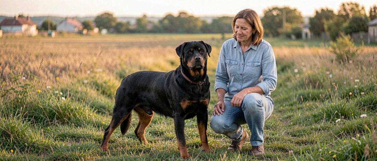 An adult Rottweiler standing beside its breeder in a grassy yard at the edge of Plovdiv, Bulgaria, in late afternoon light.
