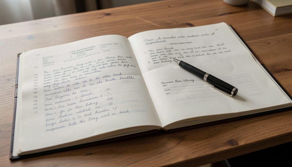 An open studbook on a wooden desk with handwritten notes between two pedigree pages, a pen resting across.