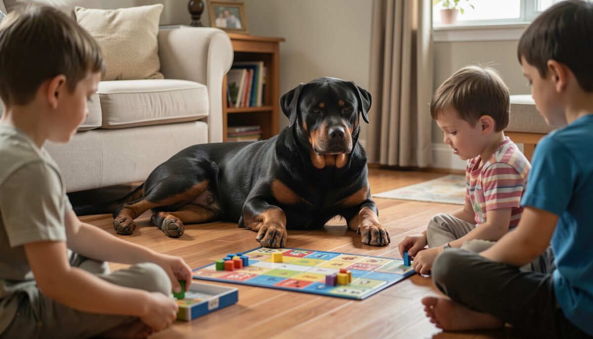 A Rottweiler lying on a living-room floor while children play a board game around it, the dog calm and ignored.