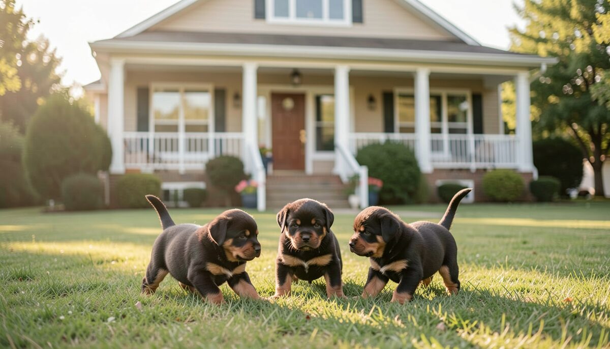 Three Rottweiler puppies playing on a lawn in front of a family house.