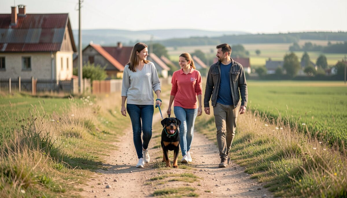 A family walking their young Rottweiler on a dirt path at the edge of a village.