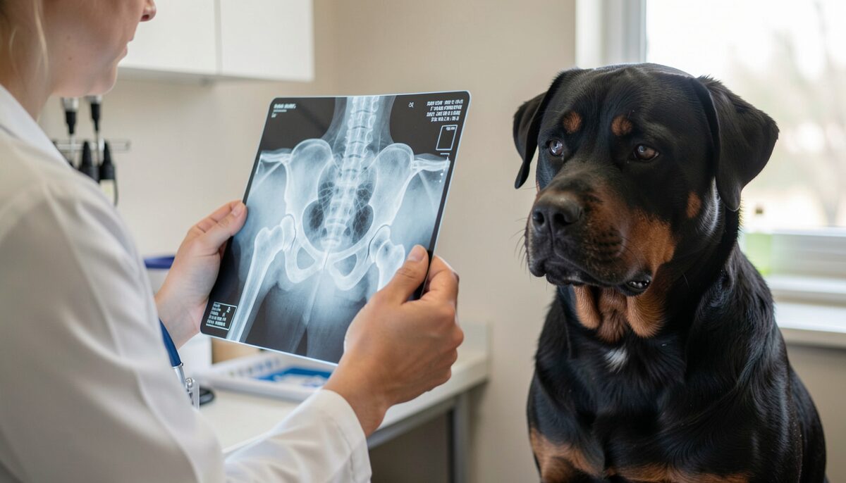 A veterinarian checking the hip x-ray of a calm Rottweiler lying on an examination table.