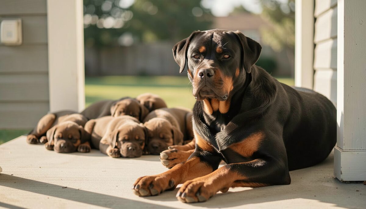 A female Rottweiler resting on a porch in the sun while puppies sleep in a pile behind her.