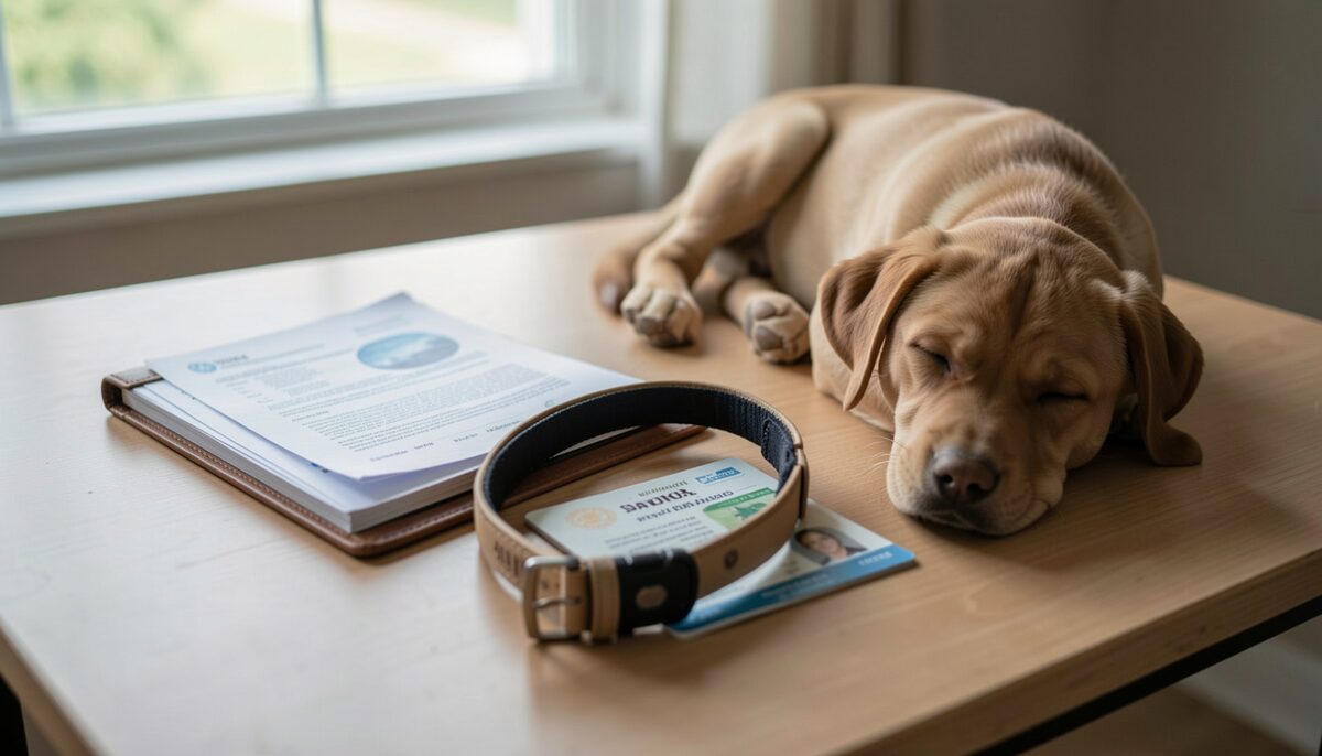 A small folder with documents, a vaccination booklet and a collar laid out on a table beside a sleeping puppy.