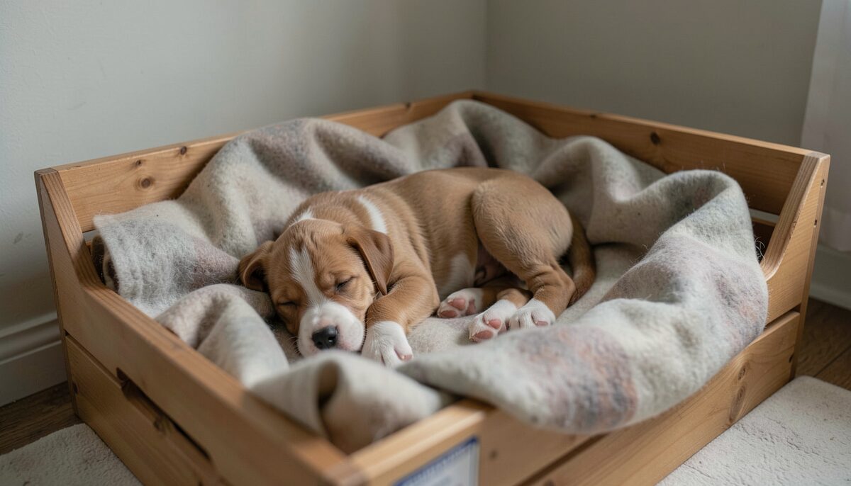 A single puppy sleeping in a whelping box lined with wool blankets in a quiet room.