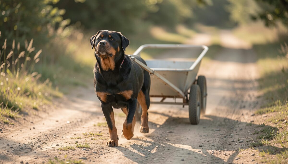 An adult Rottweiler pulling a light cart along a dirt track, head up, working calmly.